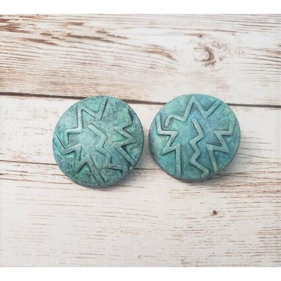 Vintage Clip On Earrings - Retro Turquoise/Teal Tone 1 & 1/8" Large - Picture 2 of 4
